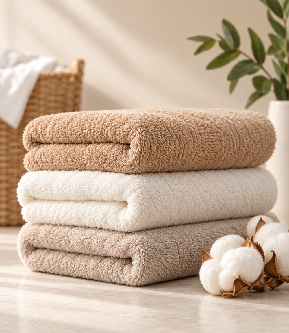 Soft folded towels beside fresh cotton
